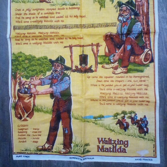 Vintage Waltzing Matilda Pure Linen Tea Towel Australia Hand Printed NEW - Picture 3 of 5